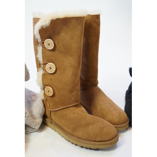 1064 - Three pairs of lady's low/mid height UGG sheepskin boots with side button design, in tan, black sued... 