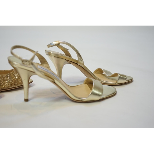 1069 - Two pairs of Jimmy Choo gold lady's heeled shoes, one sandal in gold leather and the other in textur... 