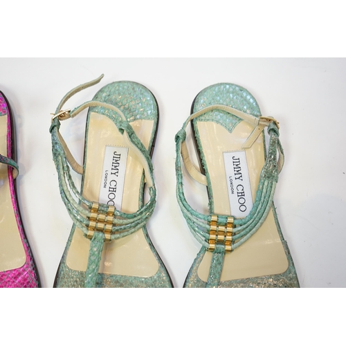 1072 - Two pairs of Jimmy Choo lady's metallic snake skin sandals, one pair in green and gold tones and the... 