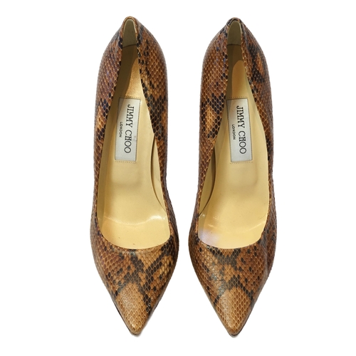 1073 - A pair of Jimmy Choo lady's snakeskin platform pumps in brown and black, 5" heels, with dust ba... 