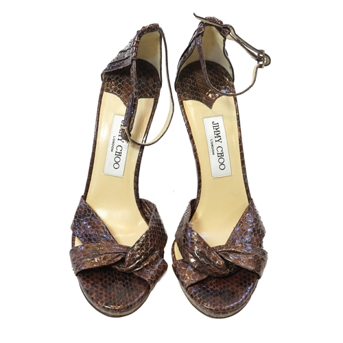 1074 - A pair of Jimmy Choo lady's brown snakeskin sandals, with dust bag, size EU 39