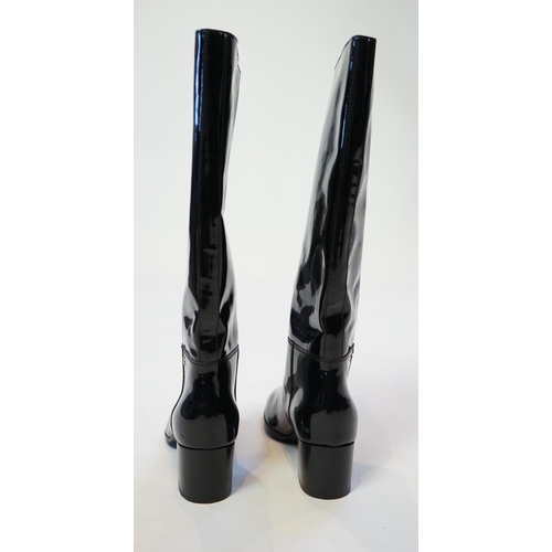 1075 - A pair of Chanel lady's black patent knee high mid heel rain boots, with CC to the outside ankle are... 