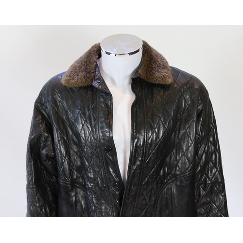 1081 - A Yves Saint Laurent Fourrures gentlemen's black quilted leather bomber jacket with fur collar and l... 