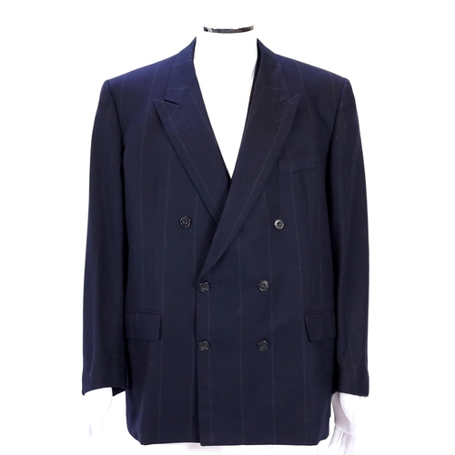 1083 - A Saint Laurent rive gauche gentlemen's navy chalk stripe three-piece double breasted wool suit, jac... 