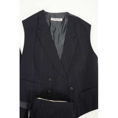 1083 - A Saint Laurent rive gauche gentlemen's navy chalk stripe three-piece double breasted wool suit, jac... 