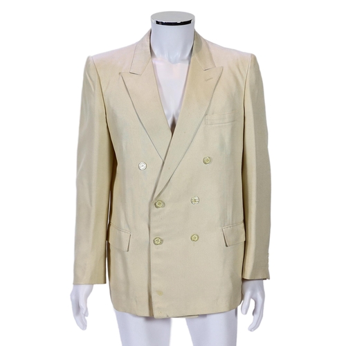 1084 - A Saint Laurent rive gauche gentlemen's cream silk weave double breasted dinner jacket, approx size ... 