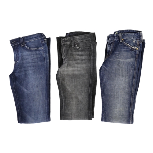 1099 - Three pairs of 7 All Mankind lady's jeans, distressed stone wash blue bootcut, washed out blue flare... 