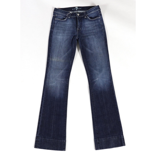 1099 - Three pairs of 7 All Mankind lady's jeans, distressed stone wash blue bootcut, washed out blue flare... 