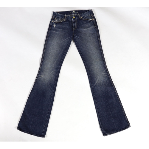 1099 - Three pairs of 7 All Mankind lady's jeans, distressed stone wash blue bootcut, washed out blue flare... 