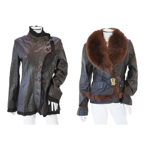 1115 - Two Desch lady's brown leather coats, one with fur collar the other with suede ruffle detail, both s... 