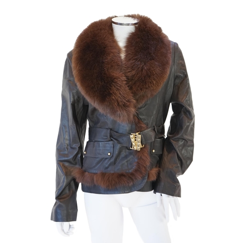 1115 - Two Desch lady's brown leather coats, one with fur collar the other with suede ruffle detail, both s... 