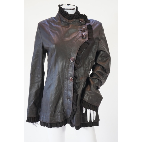 1115 - Two Desch lady's brown leather coats, one with fur collar the other with suede ruffle detail, both s... 