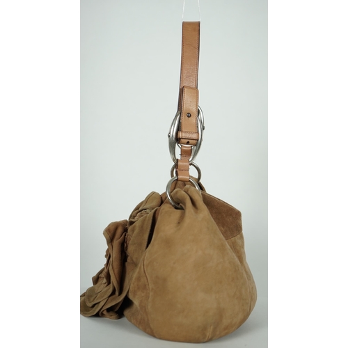 1122 - A Yves Saint Laurent rive gauche camel/ sand-brown sueded leather Nadja Rose Petal shoulder bag, des... 