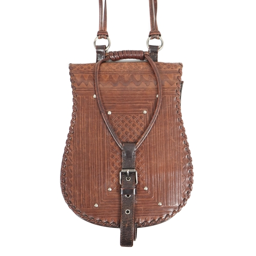 1123 - A vintage Yves Saint Laurent rive gauche embossed brown leather satchel style cross over bag, width ... 