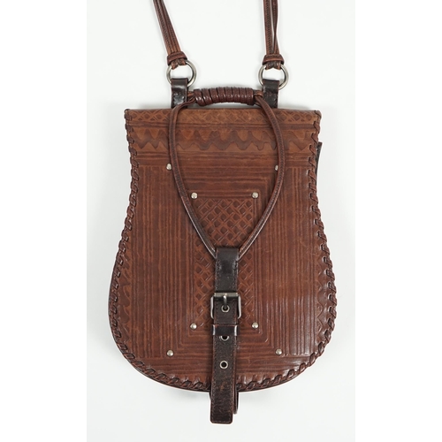 1123 - A vintage Yves Saint Laurent rive gauche embossed brown leather satchel style cross over bag, width ... 