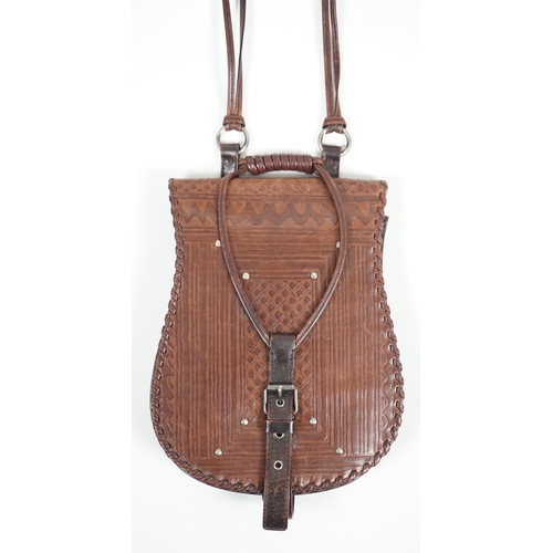 1123 - A vintage Yves Saint Laurent rive gauche embossed brown leather satchel style cross over bag, width ... 