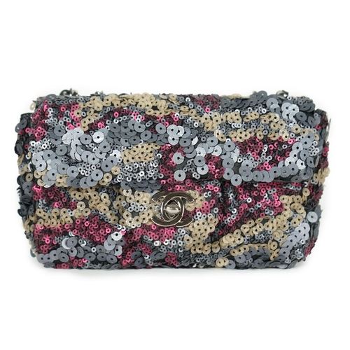 1133 - ** ** A Chanel 2012 Classique sequined mini shoulder bag, grey/beige/burgundy leather sequined bag, ... 