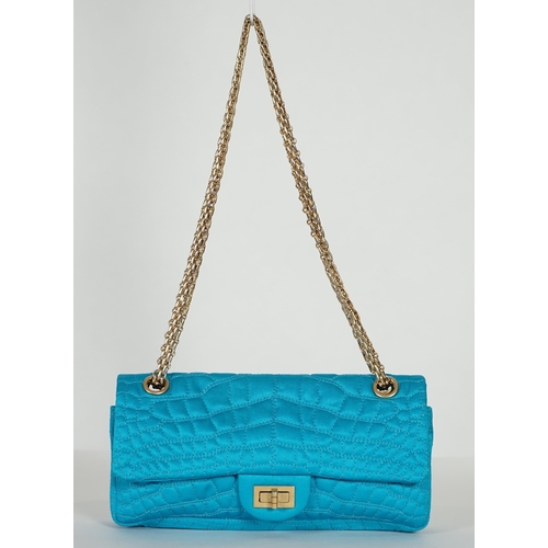 1136 - A Chanel medium-sized 2-55 bag in turquoise blue silk satin stitched with a quilted crocodile patter... 