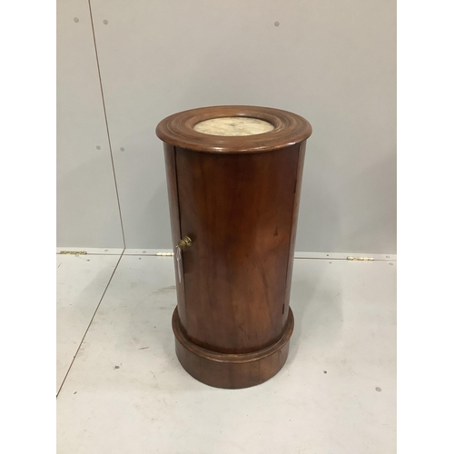 1155 - A Victorian mahogany cylindrical pot cupboard with marble inset top, diameter 35cm, height 73cm... 