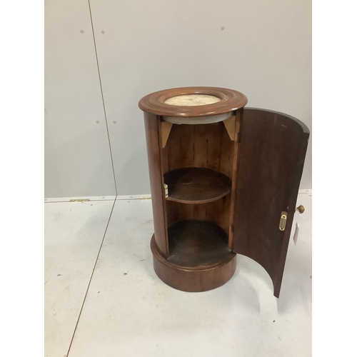 1155 - A Victorian mahogany cylindrical pot cupboard with marble inset top, diameter 35cm, height 73cm... 