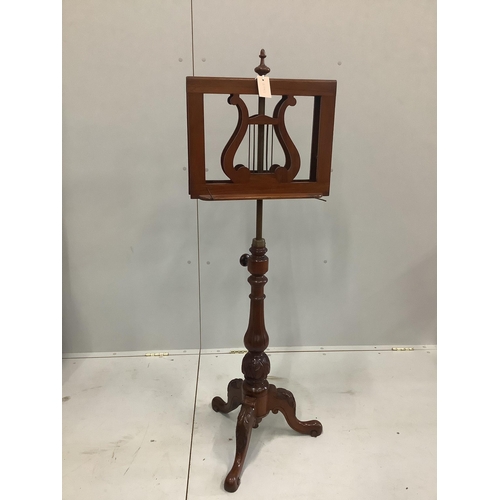 1158 - A Victorian mahogany duet music stand, with adjustable stem (af)