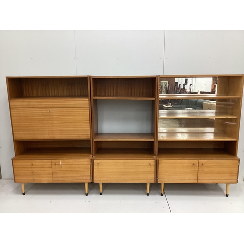 1160 - Three mid century teak modular wall units, combined length 280cm, depth 46cm, height 153cm