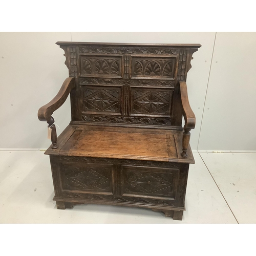 1168 - A small carved oak monk's bench, circa 1900, width 100cm, height 108cm