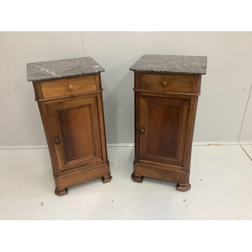 1169 - A pair of late 19th century French walnut bedside cabinets with grey marble tops, width 38cm