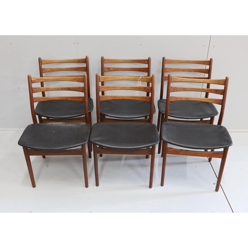 1174 - A set of six mid century, Danish design, teak and black leatherette dining chairs, width 50cm, depth... 