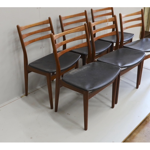 1174 - A set of six mid century, Danish design, teak and black leatherette dining chairs, width 50cm, depth... 