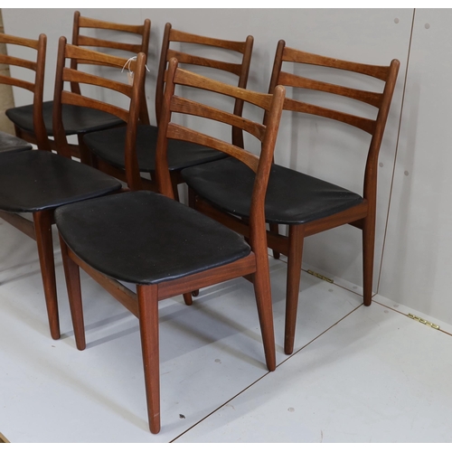 1174 - A set of six mid century, Danish design, teak and black leatherette dining chairs, width 50cm, depth... 