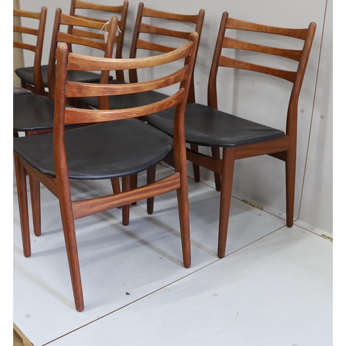 1174 - A set of six mid century, Danish design, teak and black leatherette dining chairs, width 50cm, depth... 