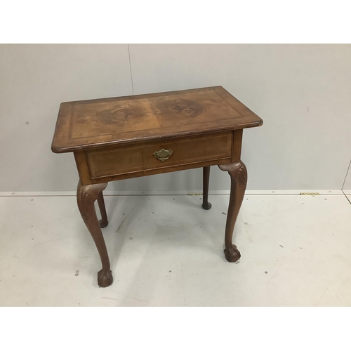 1186 - An early 18th century and later featherbanded walnut lowboy, with single frieze drawer, raised on ca... 