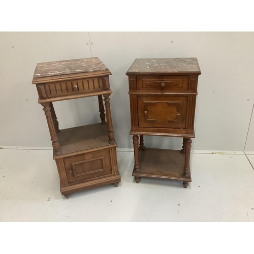 1207 - Two late 19th century French walnut bedside chests with marble tops