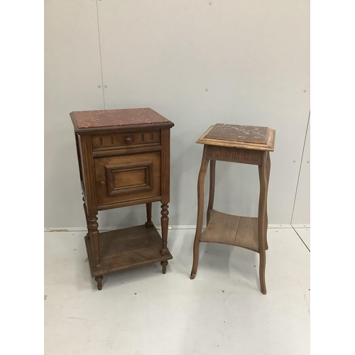 1208 - A late 19th century French bedside table and a small occasional table, both with marble tops