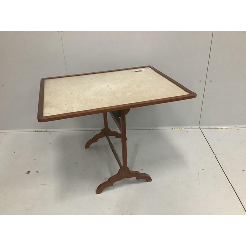 1211 - An Edwardian beech folding table / firescreen with cream floral fabric panel, 87 x 69cm