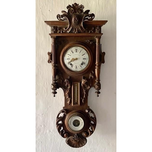 1217 - A late 19th century French carved walnut wall clock combined thermometer and barometer, dial and mov... 