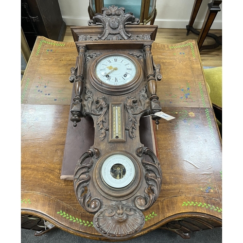 1217 - A late 19th century French carved walnut wall clock combined thermometer and barometer, dial and mov... 