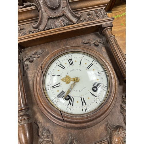 1217 - A late 19th century French carved walnut wall clock combined thermometer and barometer, dial and mov... 