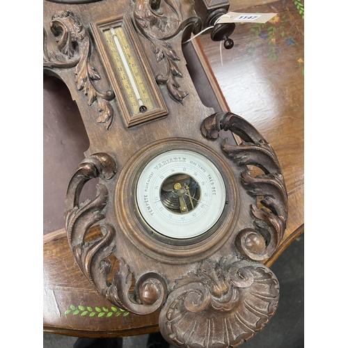 1217 - A late 19th century French carved walnut wall clock combined thermometer and barometer, dial and mov... 