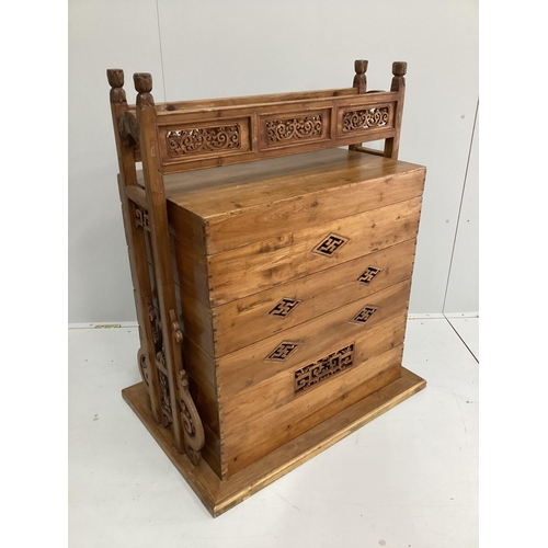 1222 - A Chinese carved pine sectional dowry chest, width 92cm, depth 50cm, height 111cm