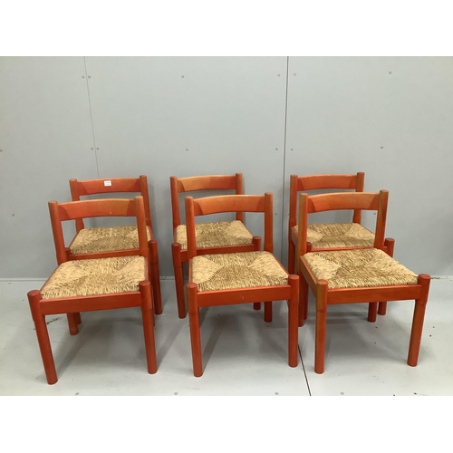 1226 - A set of six Conran Magistretti red stained beech dining chairs with rush work seats