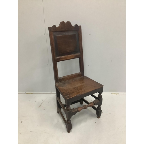 1230 - A 17th century Georgian country oak panelled back stool, height 109cm