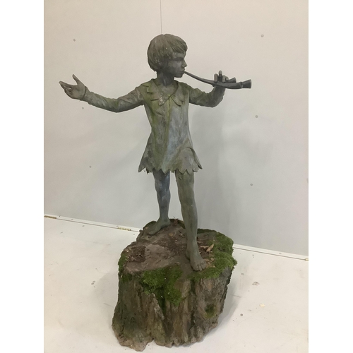 1236 - Everard Meynell (b.1950), simulated lead composition garden statue of Peter Pan, mounted on natural ... 