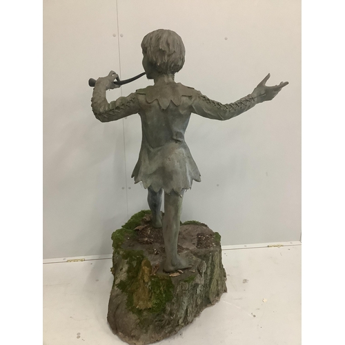 1236 - Everard Meynell (b.1950), simulated lead composition garden statue of Peter Pan, mounted on natural ... 