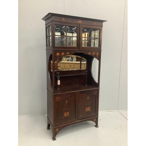 1273 - An Edwardian Arts and Crafts mahogany display cabinet with stencilled decoration, width 91cm, height... 