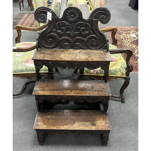 1292 - A set of 17th century French carved walnut steps, width 65cm, depth 50cm, height 108cm