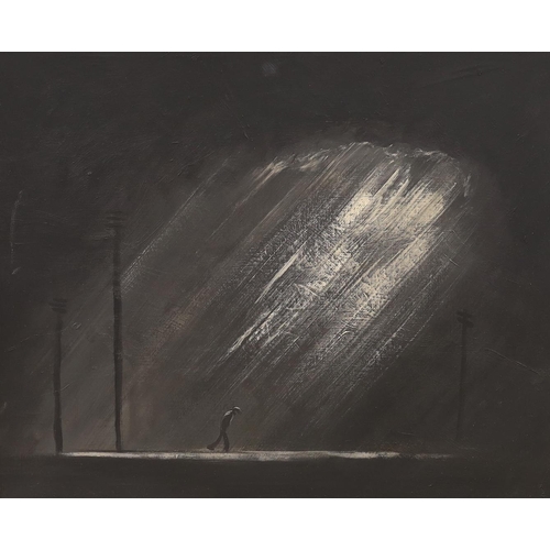 1769 - 20th century Northern School, monochrome oil on board, Winter street scene with figure, unsigned, 49... 