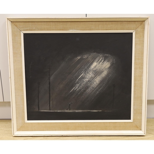 1769 - 20th century Northern School, monochrome oil on board, Winter street scene with figure, unsigned, 49... 