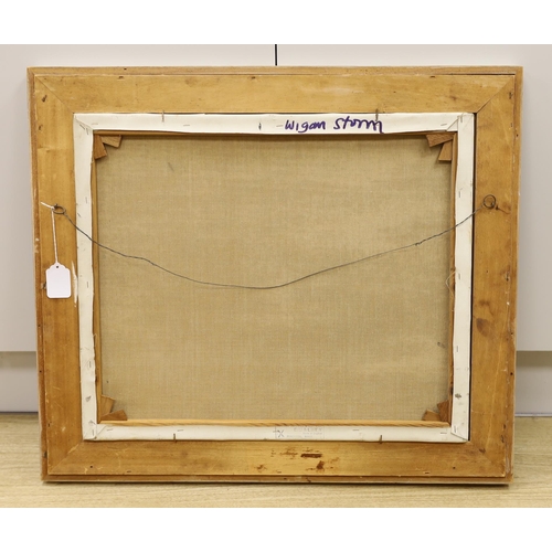 1769 - 20th century Northern School, monochrome oil on board, Winter street scene with figure, unsigned, 49... 